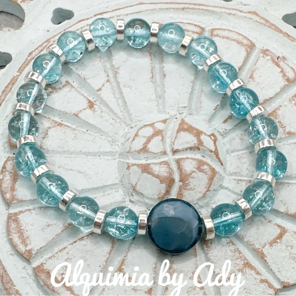 Blue Quartz beaded boho handmade bracelet/pastel/Color block/ bohemian - Picture 1 of 2